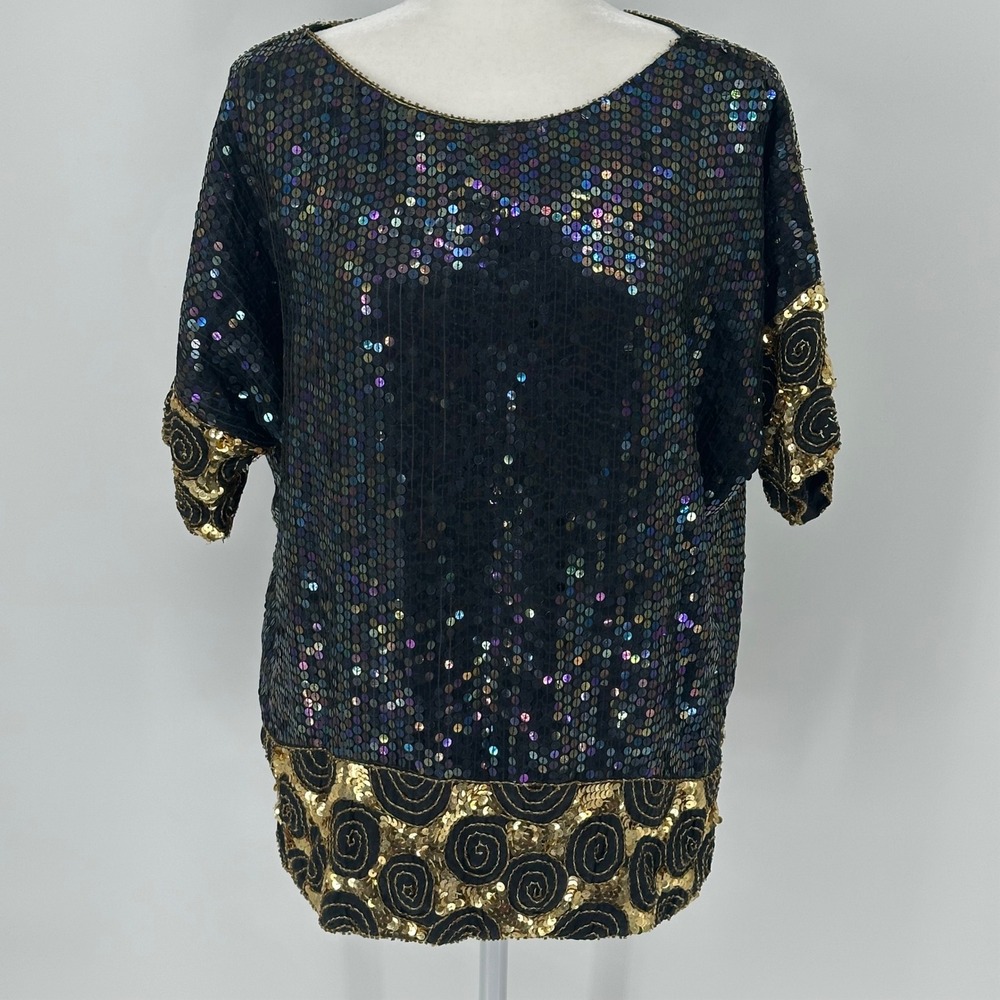 Vtg Sparkling Black‎ Sequin Embellished Gold Swirl Silk Top 20 India Silk read